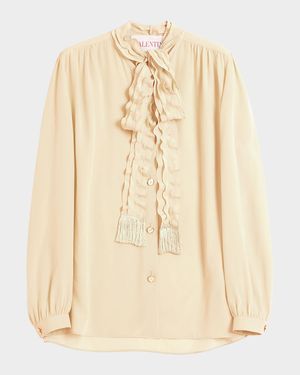 Ruffle Tie-Neck Silk Blouse