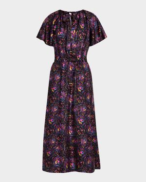Floral-Print Flutter-Sleeve Midi Silk Dress