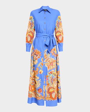 Paisley-Print Long-Sleeve Belted Maxi Shirtdress