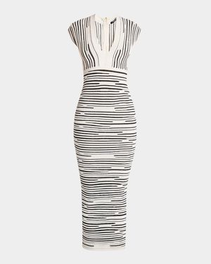 Plunging Glittered Cap-Sleeve Midi Dress