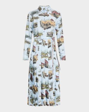 Scenic Toile Silk Twill Pleated Midi Shirtdress With Belt