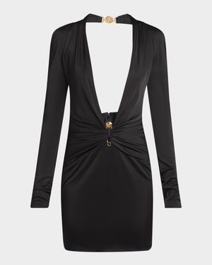 Plunging Safety-Pin Ruched Responsible Liquid Jersey Mini Dress