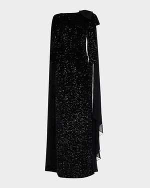 Sequin Velvet Column Cape Gown