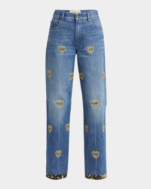 Embroidered Heart Denim Pants with Floral Boarder