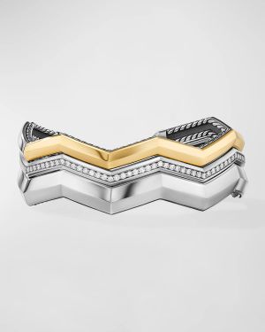 Zig Zag Stax Three Row Cuff Bracelet with Diamonds in 18K Gold and Silver, 17mm
