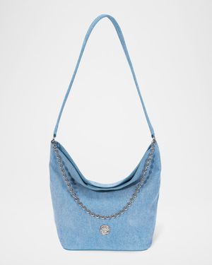 Ball Chain Denim-Print Leather Bucket Bag