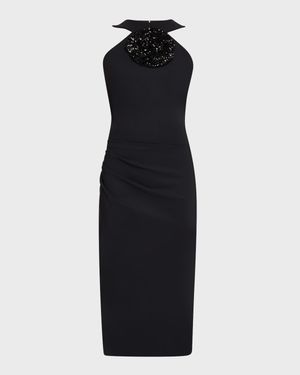 Bodycon Flower-Embellished Halter Midi Dress