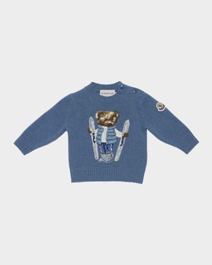 Boy's Ski Teddy Bear Crewneck Knit Sweater, Size 6M-3