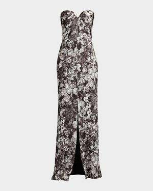 Strapless Floral-Print Column Gown