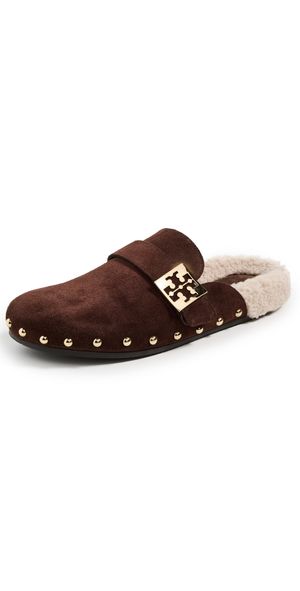 Tory Burch Mellow Stud Shearling Mules Dark Cocoa/Taupe 10