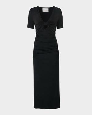 Elbow-Sleeve Ruched Maxi Dress