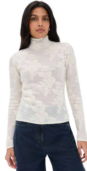 GANNI Sheer Flower Jacquard Mock Neck Egret M