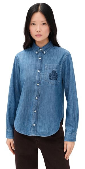 Sporty & Rich NY Crest Oversized Denim Shirt Light Blue S