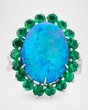 18K White Gold Black Opal and Emerald Cluster Ring, Size 6