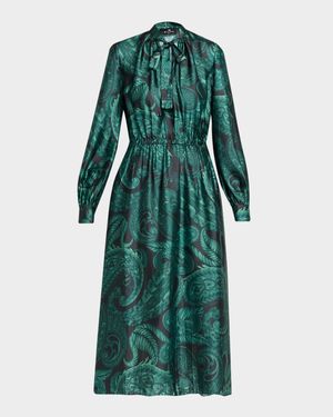 Ruched Paisley Satin Neck-Tie Midi Shirtdress