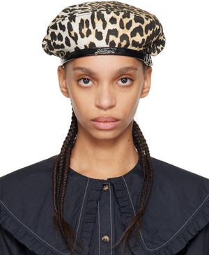 GANNI Béret beige et motif léopard à motif léopard imprimé