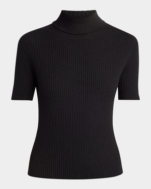 Turtleneck Short-Sleeve Cashmere Rib Sweater