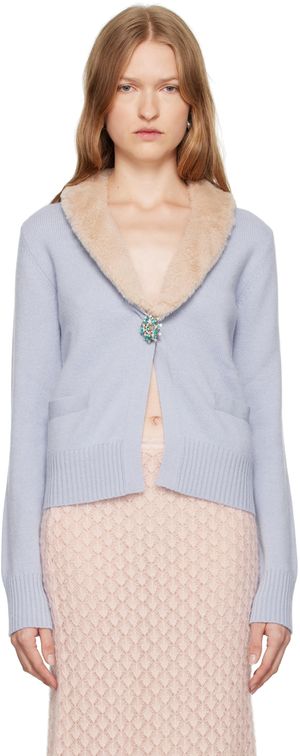 Blumarine Blue Faux-Fur Collar Cardigan