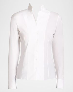 Long-Sleeve Notched-Collar Poplin Blouse