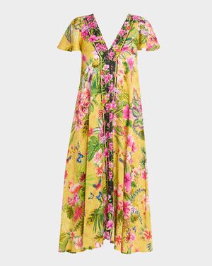 Eva Draped Floral-Print Midi Dress