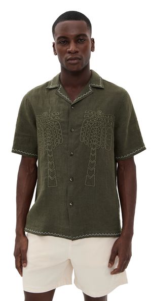Frescobol Carioca Flavio Palmeira Embroidered Linen Shirt Dark Olive L