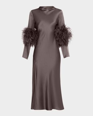 Feather-Trim Long-Sleeve Satin Bias Midi Dress