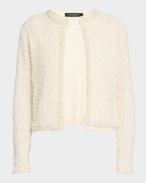 Fringe-Trim Sequin Tweed Cardigan