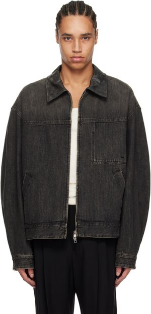 WOOYOUNGMI Gray Leather Collar Denim Jacket