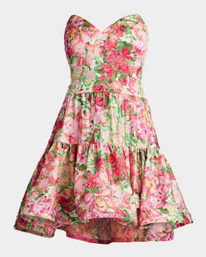 Strapless Tiered Floral-Print Mini Dress