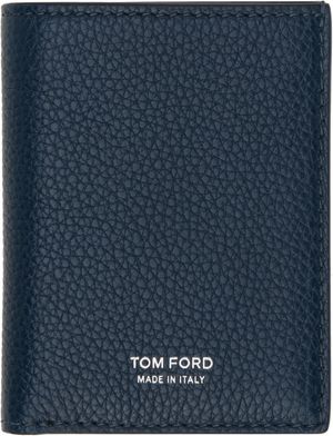 TOM FORD Navy Grain Leather Folding Card Holder