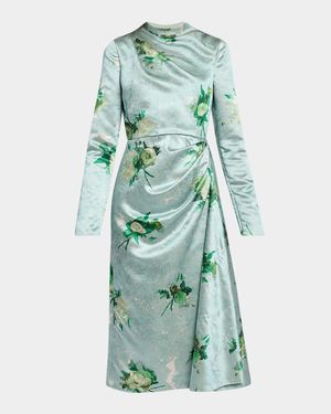 Draped Crinkle Silk Long-Sleeve Dress