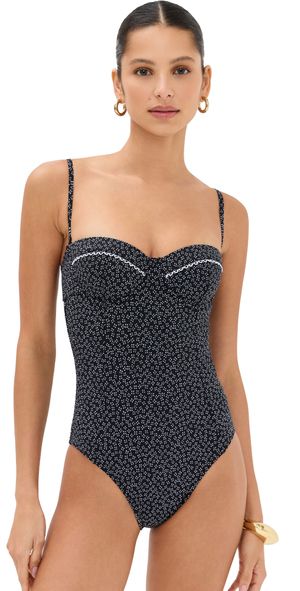 STAUD Maeve One Piece Black Woodblock Ditsy Floral M