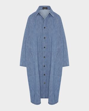 Denim Wide A-Line Back-Pleat Shirtdress With Collar