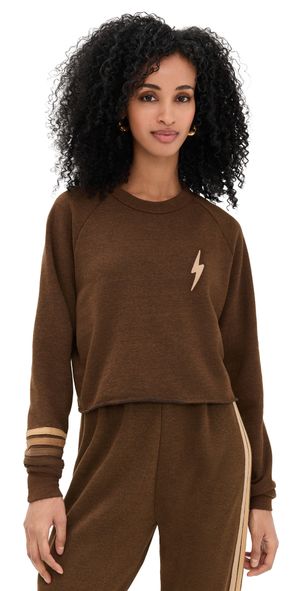 Aviator Nation Bolt Rugby Stitch Cropped Crew Sweatshirt Chocolate/Espresso M