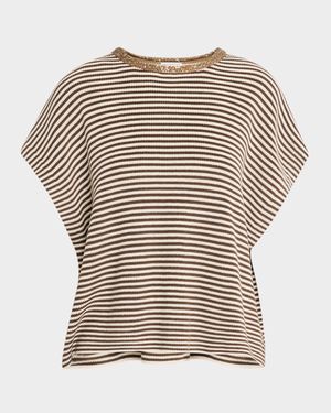 Striped Cotton Short-Sleeve Paillette-Neck Sweater