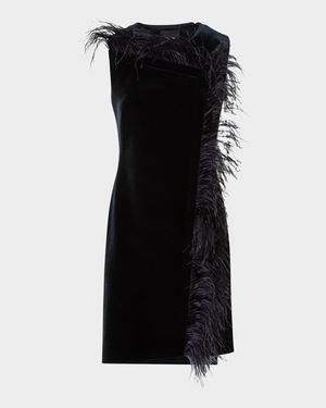 Neoprene Velvet Feather-Trim Asymmetric Mini Dress