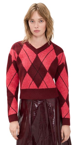 LE BOP Rae Arglye V Neck Sweater Burgundy Combo XS