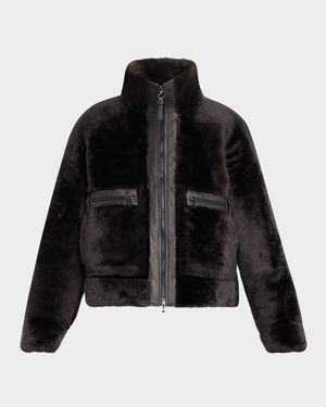 Shearling Velour Leather Zip Pocket Jacket