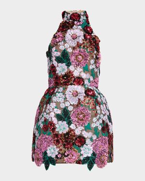 Deirdre Sequin Embroidered Halter Mini Dress