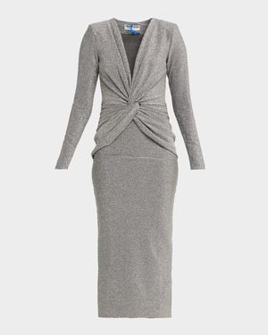 Jarra Twist-Front Shimmer Bodycon Midi Dress