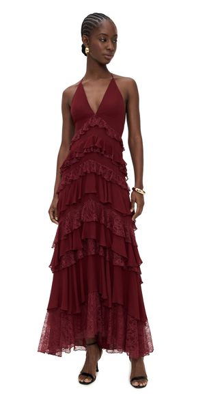 alice + olivia Liana V Neck Ruffle Maxi Dress Oxblood 10