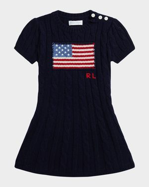 Girl's American Flag Cashmere Cable Knit Dress, Size 3M-24M