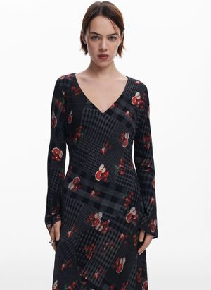 Desigual - Robe midi Col V à carreaux - Taille XL - Noir