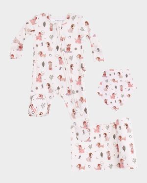 Girl's Cowgirl Dogs 2-Way Zip Footie, Bib and Blanket Set, Size Newborn-9M