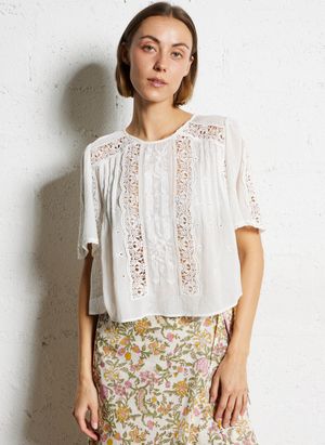 Louise Misha - Blouse col rond en coton bio - Taille 40 - Blanc