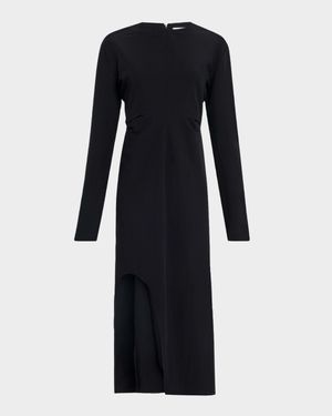 Keyhole Slit Ruched Long-Sleeve Midi Dress