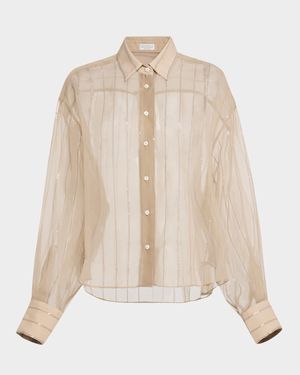 Striped Paillette Crispy Silk Chiffon Button-Down Blouse