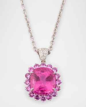 18K White Gold Pink Rubellite and Sapphire Pendant