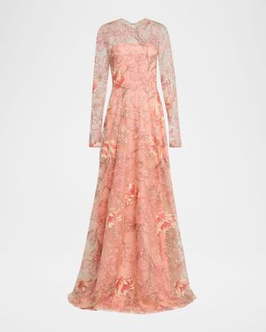 Metallic Floral Embroidered Long-Sleeve Illusion Gown