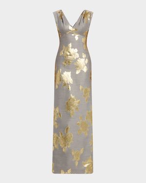 V-Neck Metallic Floral Jacquard Empire Gown